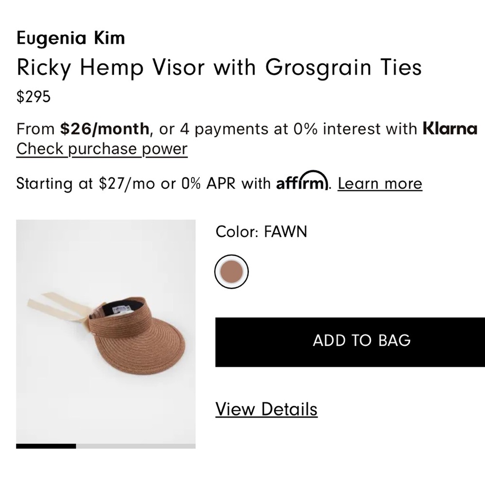 Eugenia Kim Fawn Hemp Visor with Grosgrain Ties NWT